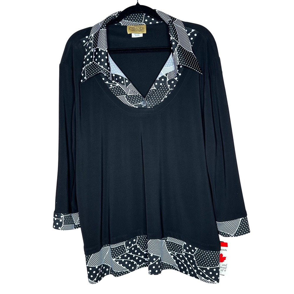 24K Par By MRK NWT 3XL Black Tunic Top‎ Long Sleeve Polka Dot Canadian Made